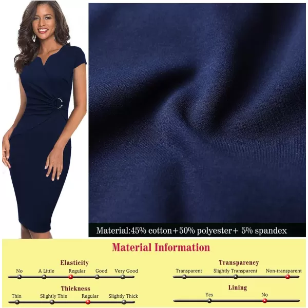 VFSHOW Womens Elegant Notch V Neck Ruched Work Office Business Bodycon Sheath DressNavy Blue