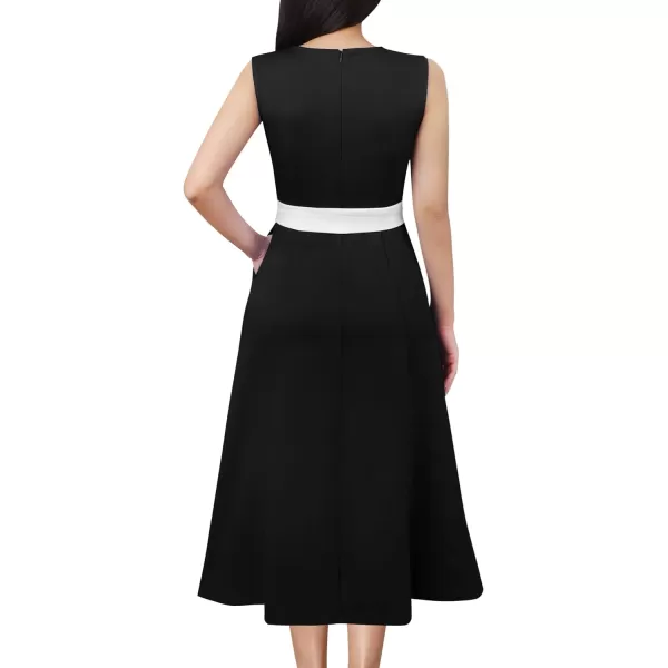 VFSHOW Womens Elegant Pockets Belted Work Office Business Party ALine Midi DressBlack and White3