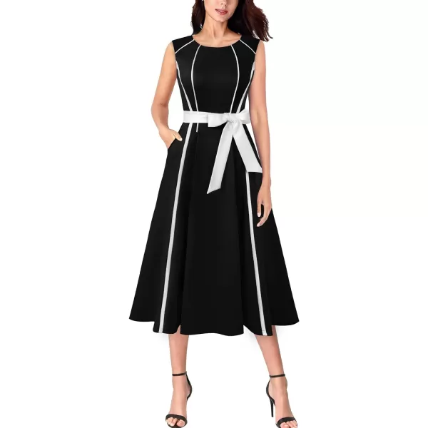 VFSHOW Womens Elegant Pockets Belted Work Office Business Party ALine Midi DressBlack and White3