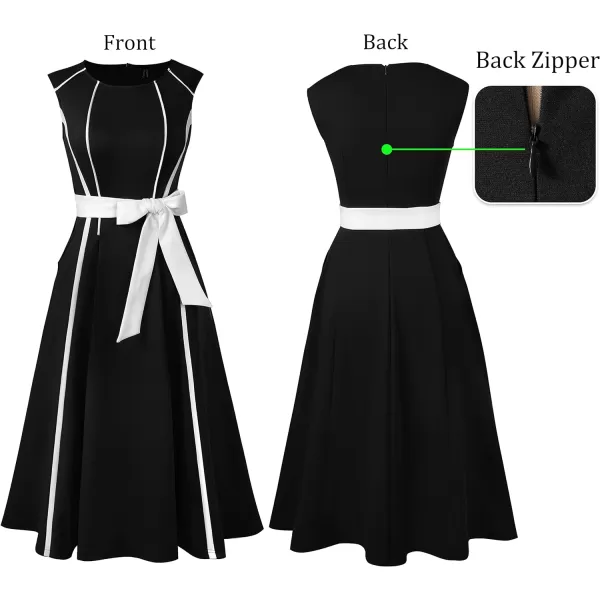 VFSHOW Womens Elegant Pockets Belted Work Office Business Party ALine Midi DressBlack and White3