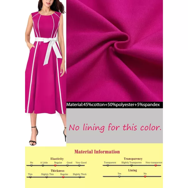 VFSHOW Womens Elegant Pockets Belted Work Office Business Party ALine Midi DressHot Pink  White Piping