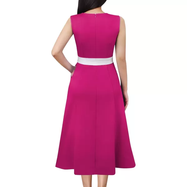 VFSHOW Womens Elegant Pockets Belted Work Office Business Party ALine Midi DressHot Pink  White Piping