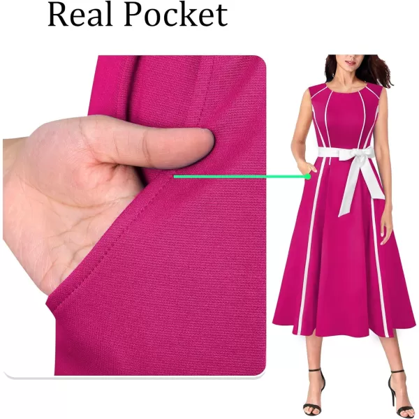 VFSHOW Womens Elegant Pockets Belted Work Office Business Party ALine Midi DressHot Pink  White Piping