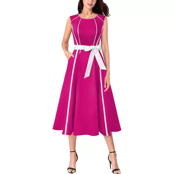 VFSHOW Womens Elegant Pockets Belted Work Office Business Party ALine Midi DressHot Pink  White Piping