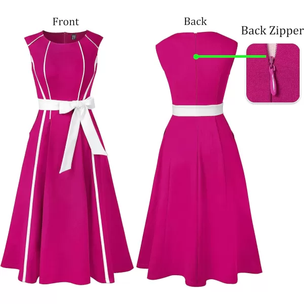 VFSHOW Womens Elegant Pockets Belted Work Office Business Party ALine Midi DressHot Pink  White Piping