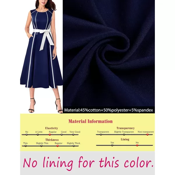 VFSHOW Womens Elegant Pockets Belted Work Office Business Party ALine Midi DressNavy Blue and White3