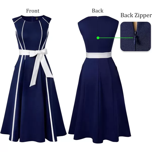 VFSHOW Womens Elegant Pockets Belted Work Office Business Party ALine Midi DressNavy Blue and White3