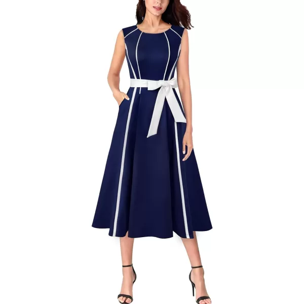 VFSHOW Womens Elegant Pockets Belted Work Office Business Party ALine Midi DressNavy Blue and White3