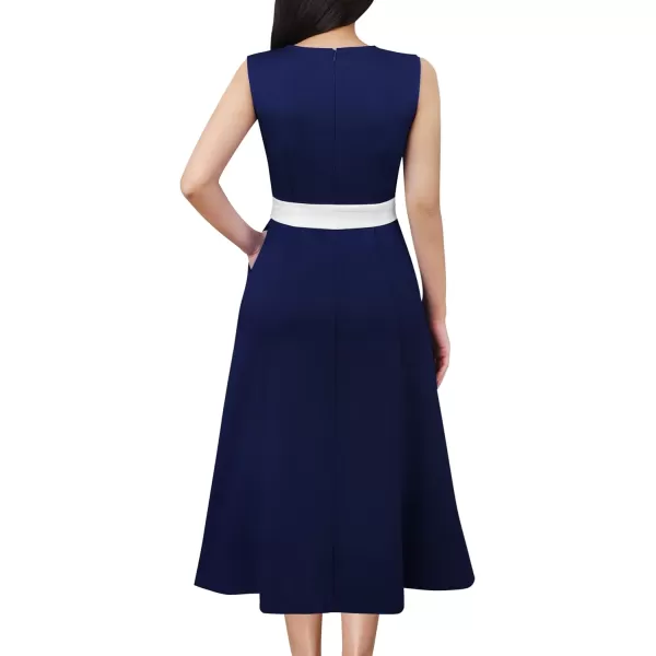 VFSHOW Womens Elegant Pockets Belted Work Office Business Party ALine Midi DressNavy Blue and White3