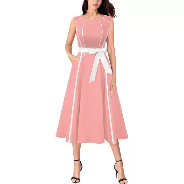 VFSHOW Womens Elegant Pockets Belted Work Office Business Party ALine Midi DressPeach Pink  White Piping