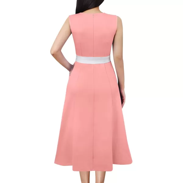 VFSHOW Womens Elegant Pockets Belted Work Office Business Party ALine Midi DressPeach Pink  White Piping