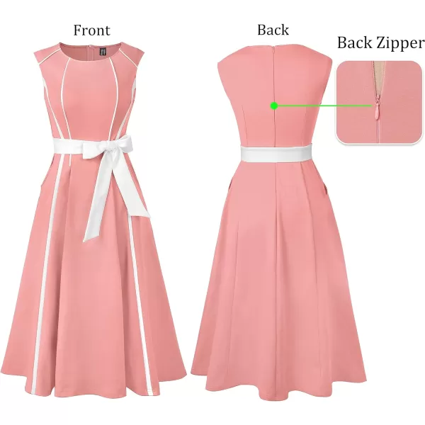 VFSHOW Womens Elegant Pockets Belted Work Office Business Party ALine Midi DressPeach Pink  White Piping