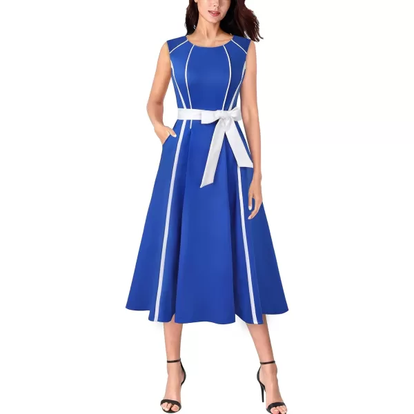 VFSHOW Womens Elegant Pockets Belted Work Office Business Party ALine Midi DressRoyal Blue and White3