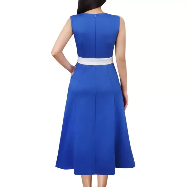 VFSHOW Womens Elegant Pockets Belted Work Office Business Party ALine Midi DressRoyal Blue and White3