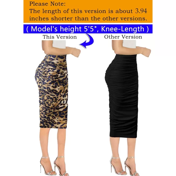 VFSHOW Womens Elegant Ruched Ruffle High Waist Casual Pencil Midi MidCalf SkirtBlue Leopard Print2