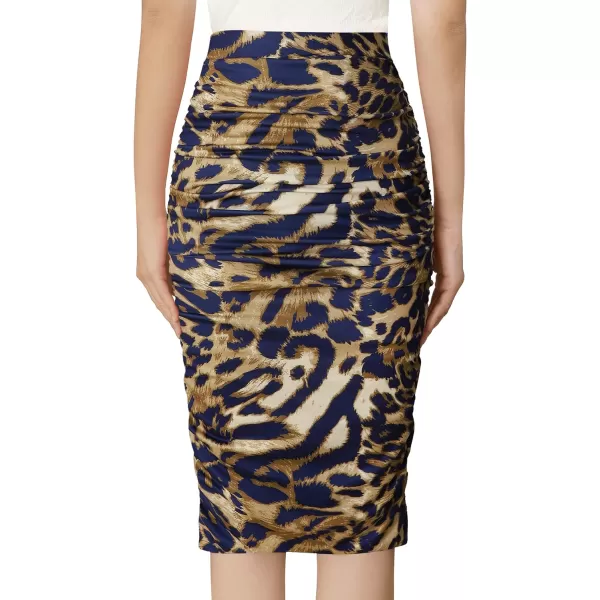 VFSHOW Womens Elegant Ruched Ruffle High Waist Casual Pencil Midi MidCalf SkirtBlue Leopard Print2