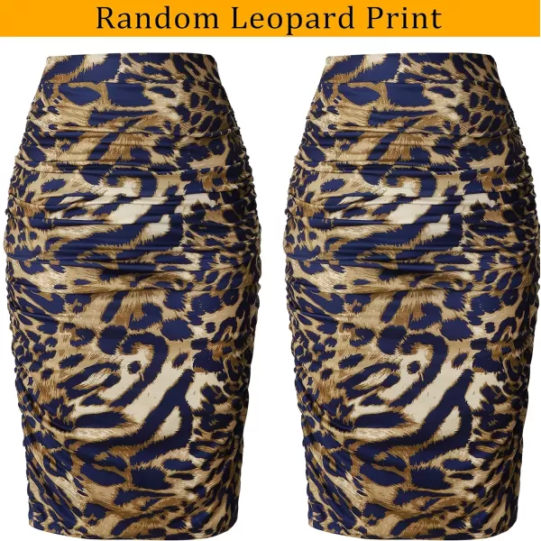 VFSHOW Womens Elegant Ruched Ruffle High Waist Casual Pencil Midi MidCalf SkirtBlue Leopard Print2