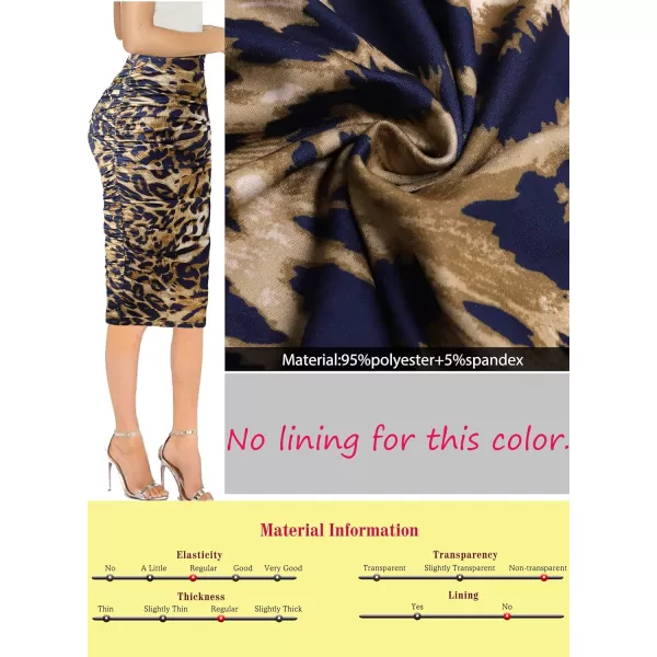 VFSHOW Womens Elegant Ruched Ruffle High Waist Casual Pencil Midi MidCalf SkirtBlue Leopard Print2