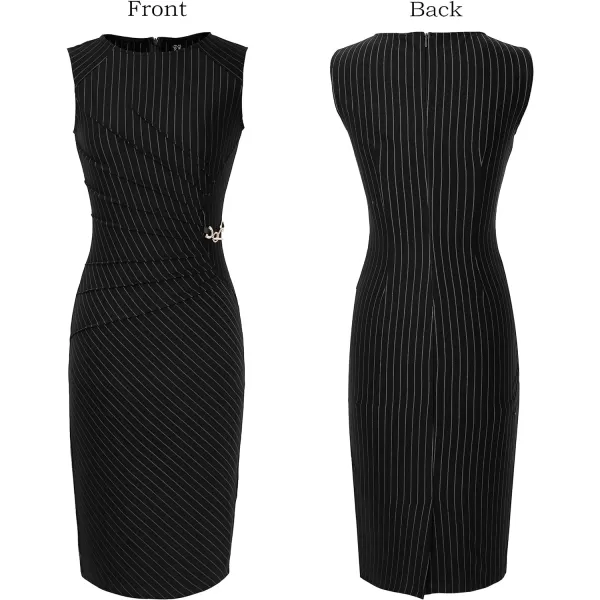 VFSHOW Womens Elegant Ruched Work Business Office Cocktail Party Bodycon Pencil DressBlack Pinstriped Print