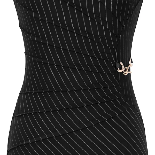 VFSHOW Womens Elegant Ruched Work Business Office Cocktail Party Bodycon Pencil DressBlack Pinstriped Print