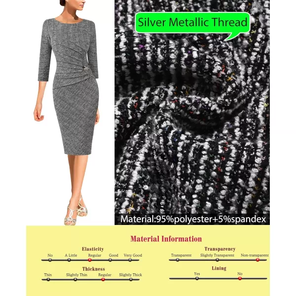 VFSHOW Womens Elegant Ruched Work Business Office Cocktail Party Bodycon Pencil DressBlack White Tweed34 Sleeves