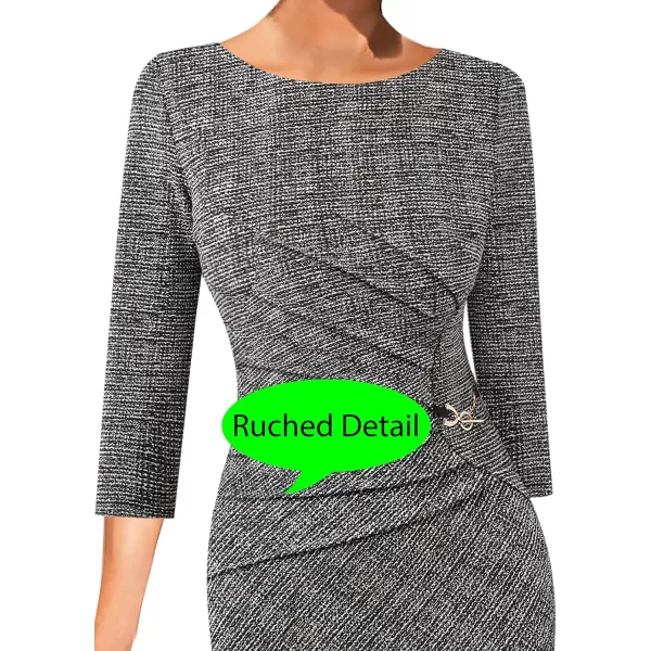 VFSHOW Womens Elegant Ruched Work Business Office Cocktail Party Bodycon Pencil DressBlack White Tweed34 Sleeves