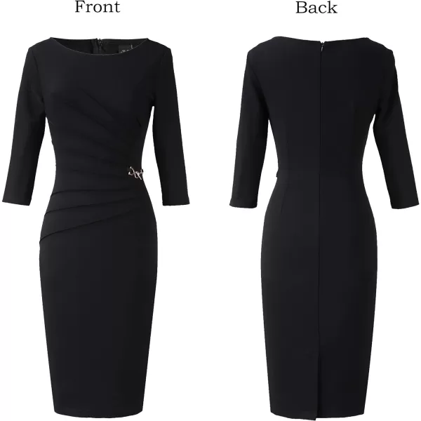 VFSHOW Womens Elegant Ruched Work Business Office Cocktail Party Bodycon Pencil DressBlack34 Sleeve2