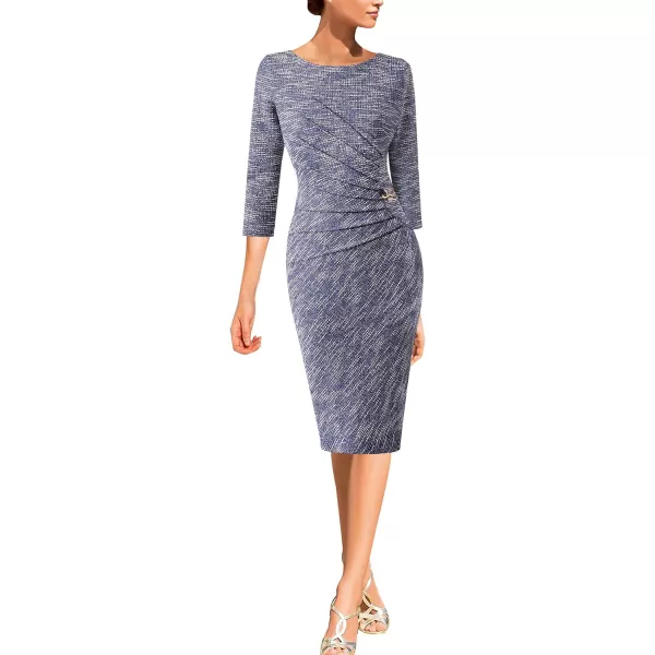 VFSHOW Womens Elegant Ruched Work Business Office Cocktail Party Bodycon Pencil DressBlue Tweed34 Sleeve