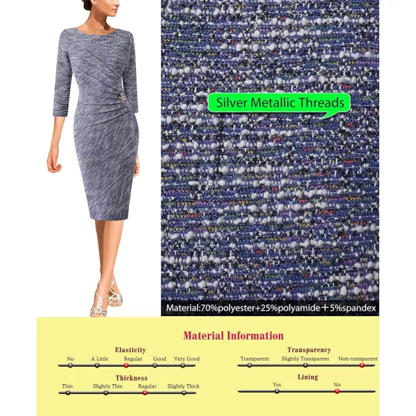 VFSHOW Womens Elegant Ruched Work Business Office Cocktail Party Bodycon Pencil DressBlue Tweed34 Sleeve