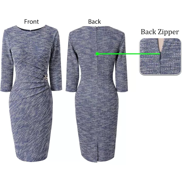 VFSHOW Womens Elegant Ruched Work Business Office Cocktail Party Bodycon Pencil DressBlue Tweed34 Sleeve