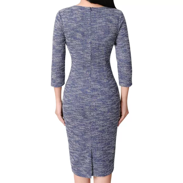 VFSHOW Womens Elegant Ruched Work Business Office Cocktail Party Bodycon Pencil DressBlue Tweed34 Sleeve