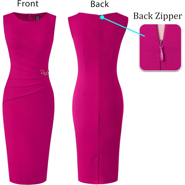 VFSHOW Womens Elegant Ruched Work Business Office Cocktail Party Bodycon Pencil DressHot Pink Sleeveless