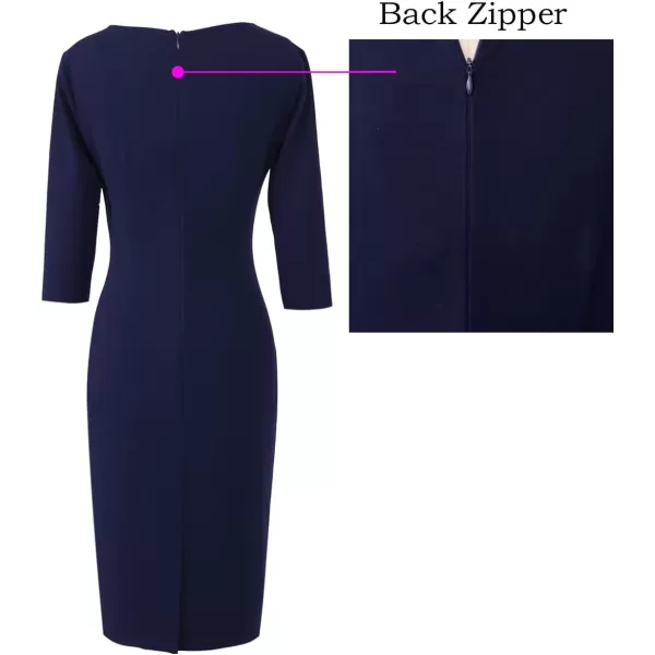 VFSHOW Womens Elegant Ruched Work Business Office Cocktail Party Bodycon Pencil DressNavy Blue34 Sleeve