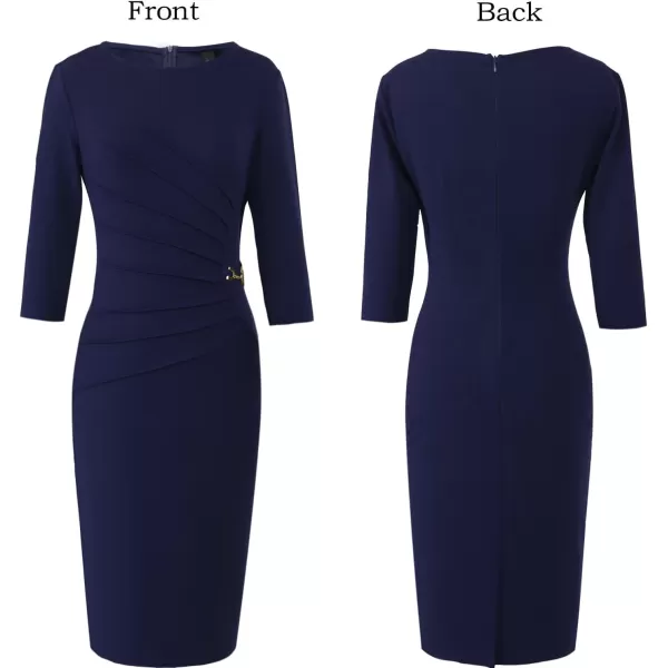 VFSHOW Womens Elegant Ruched Work Business Office Cocktail Party Bodycon Pencil DressNavy Blue34 Sleeve