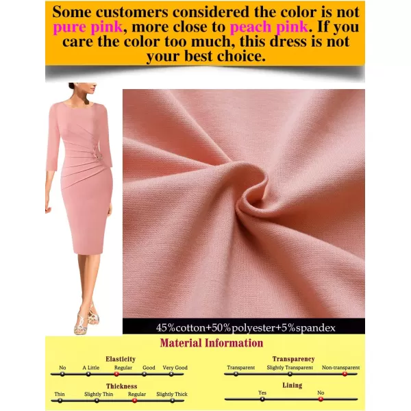 VFSHOW Womens Elegant Ruched Work Business Office Cocktail Party Bodycon Pencil DressPeach Pink34 Sleeve