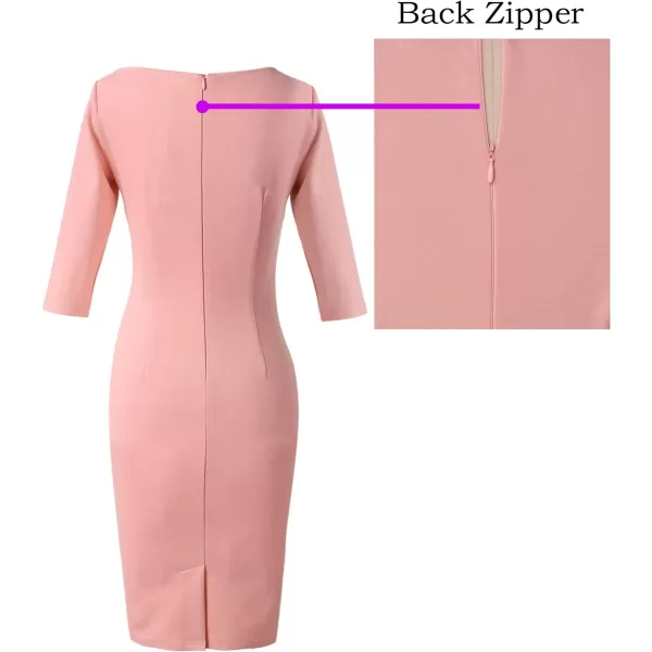 VFSHOW Womens Elegant Ruched Work Business Office Cocktail Party Bodycon Pencil DressPeach Pink34 Sleeve