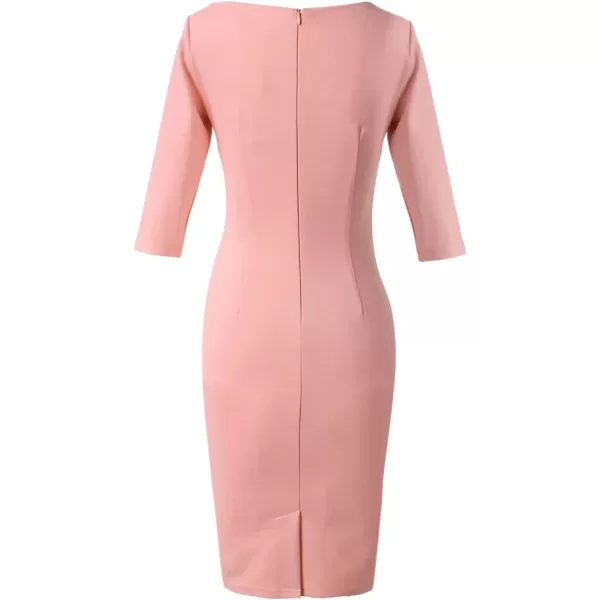 VFSHOW Womens Elegant Ruched Work Business Office Cocktail Party Bodycon Pencil DressPeach Pink34 Sleeve