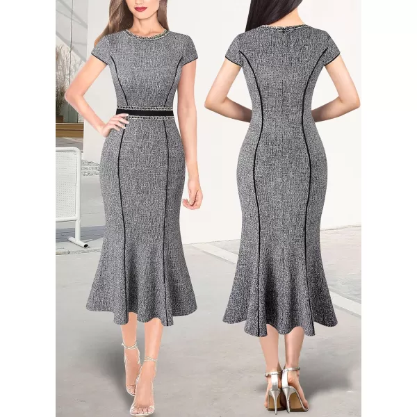 VFSHOW Womens Elegant Vintage Cocktail Business Office Mermaid Midi Dress Crew Neck Slim Fitted Party Bodycon MidCalf DressBlack Tweed Cap Sleeve