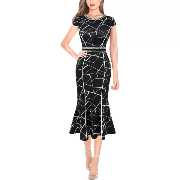 VFSHOW Womens Elegant Vintage Cocktail Business Office Mermaid Midi Dress Crew Neck Slim Fitted Party Bodycon MidCalf DressBlack and White Geometric Print2