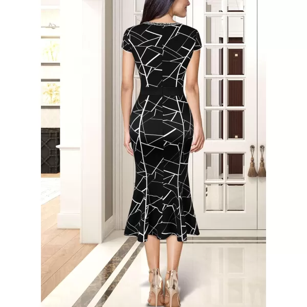 VFSHOW Womens Elegant Vintage Cocktail Business Office Mermaid Midi Dress Crew Neck Slim Fitted Party Bodycon MidCalf DressBlack and White Geometric Print2