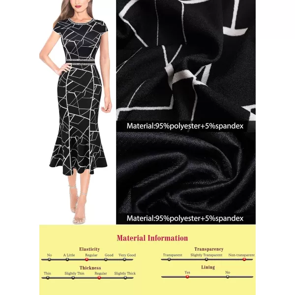 VFSHOW Womens Elegant Vintage Cocktail Business Office Mermaid Midi Dress Crew Neck Slim Fitted Party Bodycon MidCalf DressBlack and White Geometric Print2