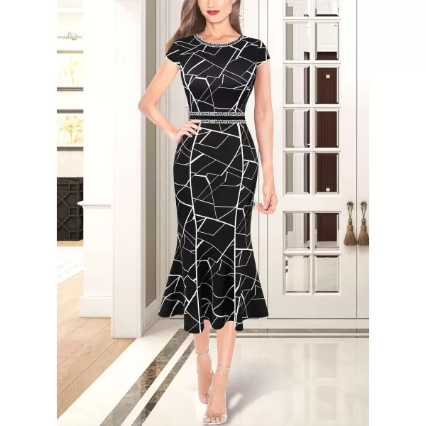 VFSHOW Womens Elegant Vintage Cocktail Business Office Mermaid Midi Dress Crew Neck Slim Fitted Party Bodycon MidCalf DressBlack and White Geometric Print2