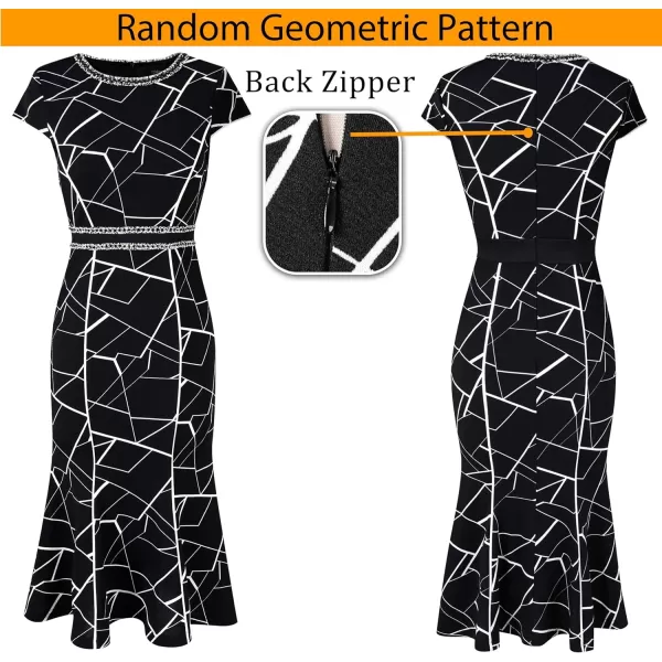 VFSHOW Womens Elegant Vintage Cocktail Business Office Mermaid Midi Dress Crew Neck Slim Fitted Party Bodycon MidCalf DressBlack and White Geometric Print2