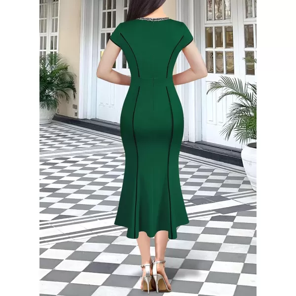 VFSHOW Womens Elegant Vintage Cocktail Business Office Mermaid Midi Dress Crew Neck Slim Fitted Party Bodycon MidCalf DressGreen With Tweed Trim