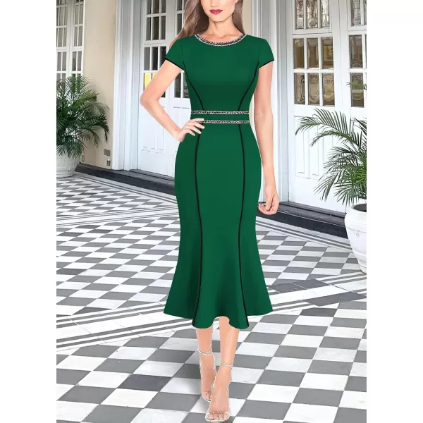 VFSHOW Womens Elegant Vintage Cocktail Business Office Mermaid Midi Dress Crew Neck Slim Fitted Party Bodycon MidCalf DressGreen With Tweed Trim