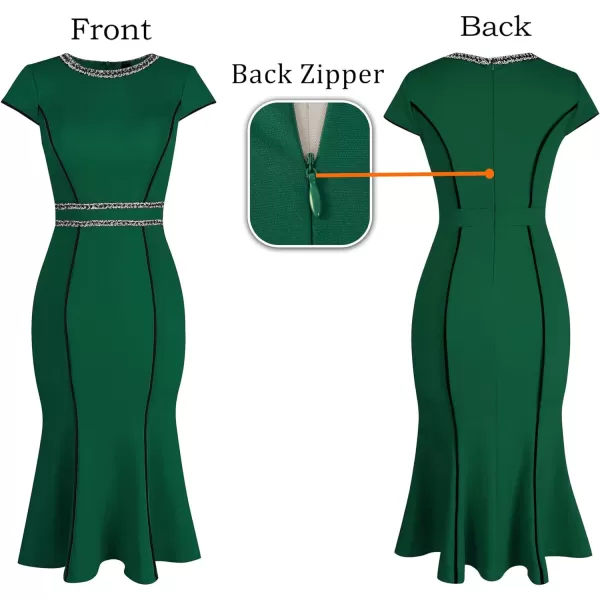 VFSHOW Womens Elegant Vintage Cocktail Business Office Mermaid Midi Dress Crew Neck Slim Fitted Party Bodycon MidCalf DressGreen With Tweed Trim