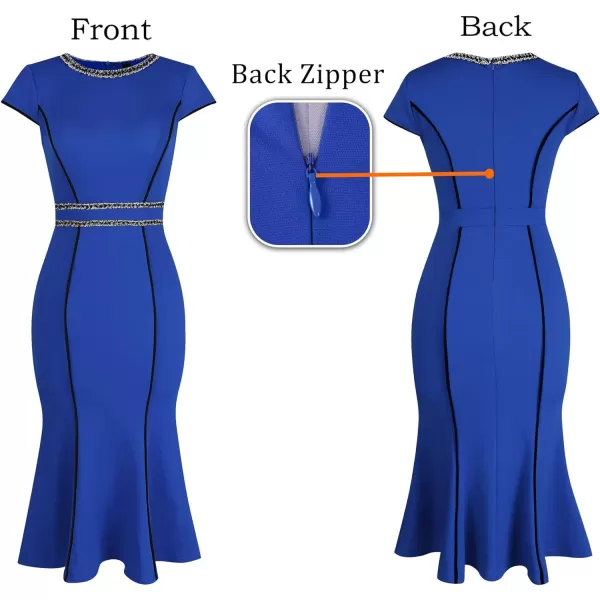 VFSHOW Womens Elegant Vintage Cocktail Business Office Mermaid Midi Dress Crew Neck Slim Fitted Party Bodycon MidCalf DressRoyal Blue With Tweed Trim