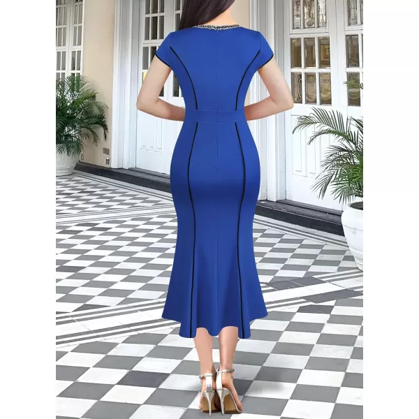 VFSHOW Womens Elegant Vintage Cocktail Business Office Mermaid Midi Dress Crew Neck Slim Fitted Party Bodycon MidCalf DressRoyal Blue With Tweed Trim