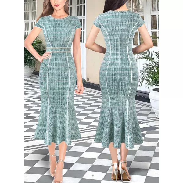 VFSHOW Womens Elegant Vintage Cocktail Business Office Mermaid Midi Dress Crew Neck Slim Fitted Party Bodycon MidCalf DressTeal Green Tweed Cap Sleeve