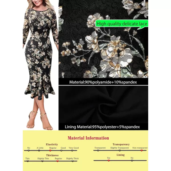 VFSHOW Womens Elegant Vintage Cocktail Party Mermaid Bodycon Midi MidCalf DressBlack Lace Yellow Floral Print2